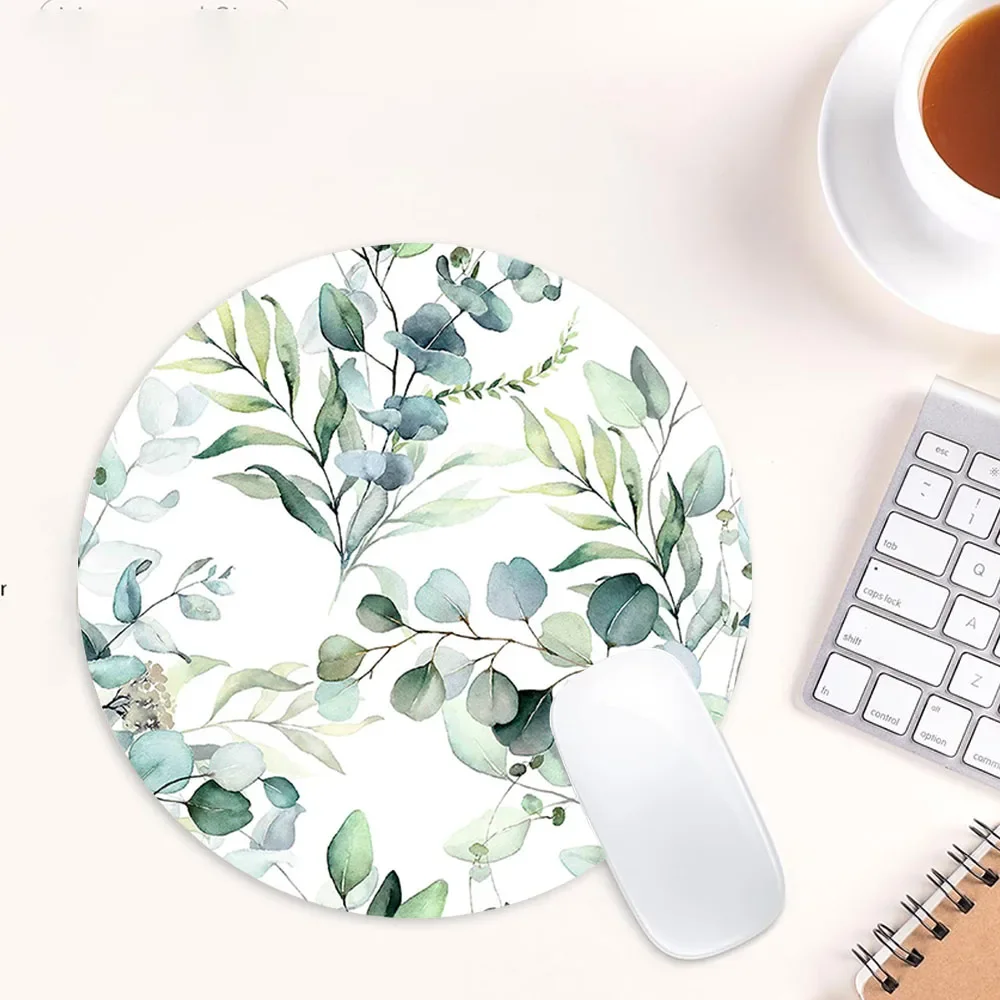 Round Mouse Pad Cute Leaves Design Rubber Mousepad Aesthetic Desk Accessory For Office Laptop Computer Gift For Friend