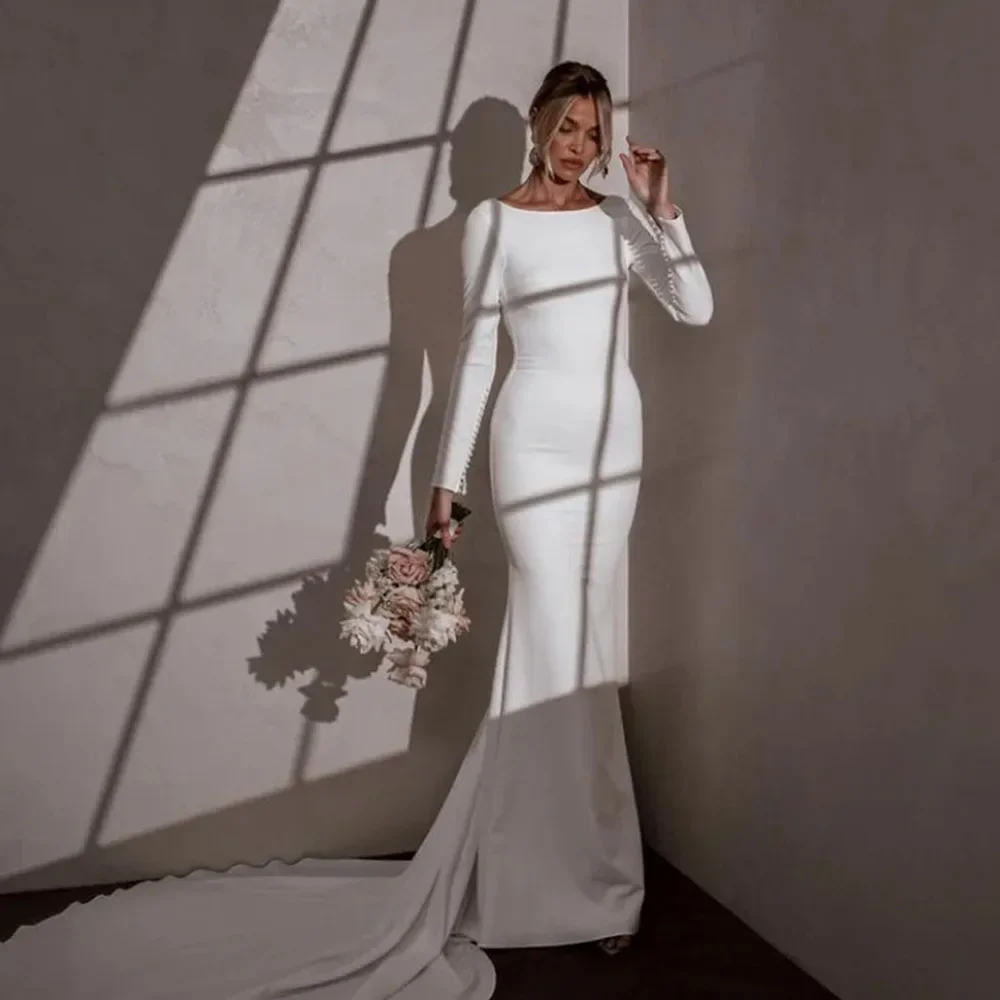 

Customized Muslim Mermaid Wedding Dresses Arabic Long Sleeve Bride Dress Women Open Back Wedding Gown vestido de novia boda