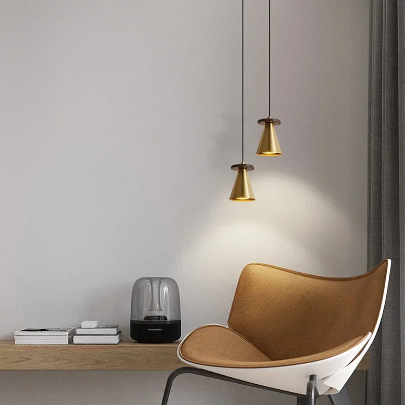 

Copper Walnut Wood Pendant Lamp Luxurious Gold LED Hanging Light Bedroom Bedside Living Room Restaurant Decorative Fixtures