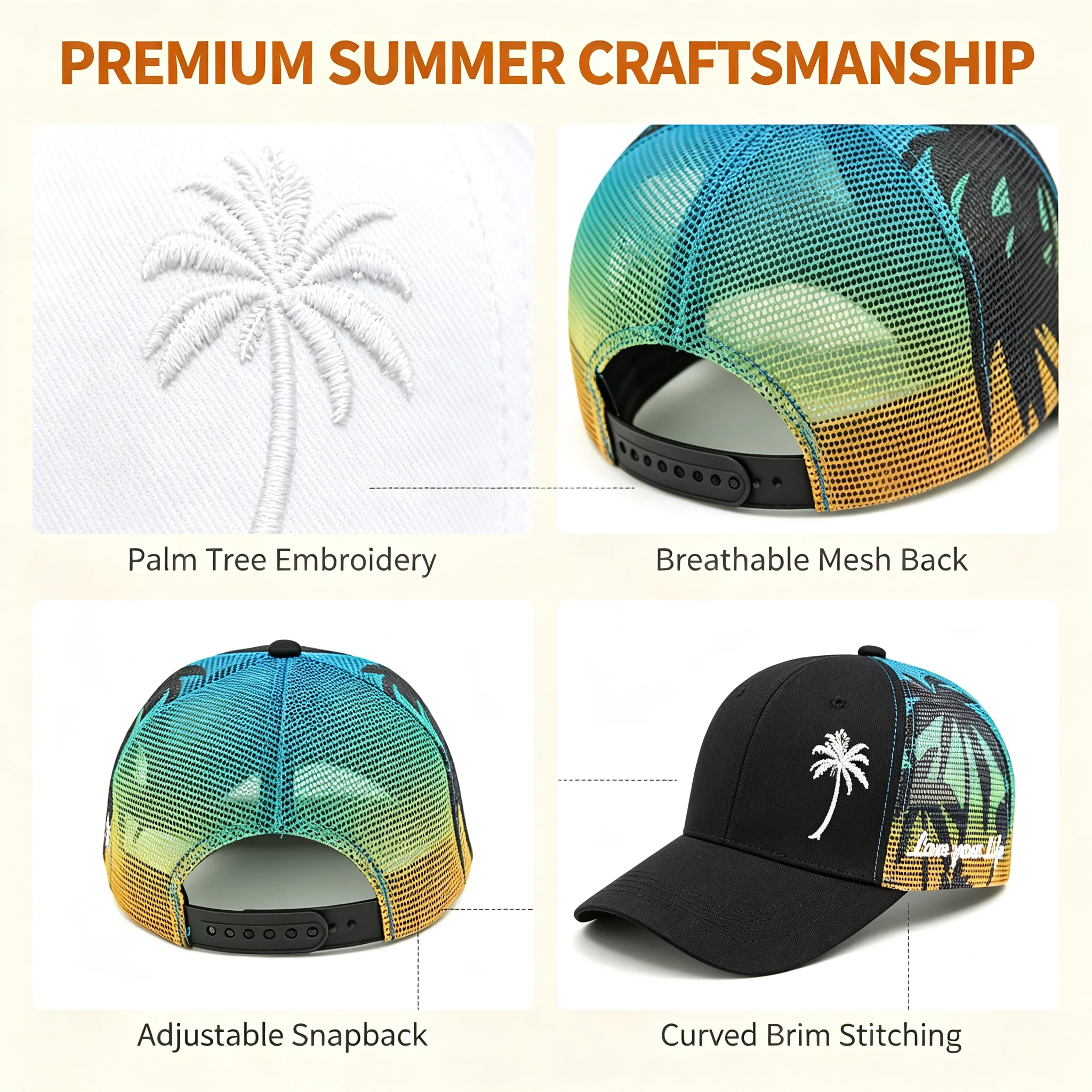 Trucker Coole Designs Atmungsaktive Kokosnussbaum-Stickerei Baseball Outdoor Schatten Sonnenschutz Mesh Cap Herren- und Damen-Sonnenhut – Detail 5