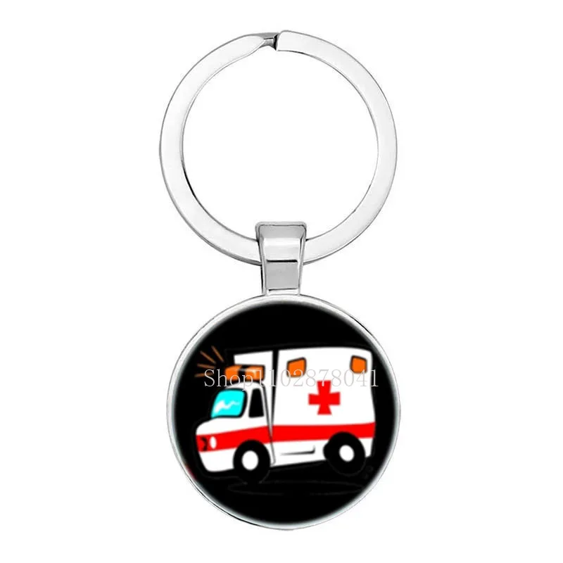 Hot Fashion Jewelry Glass Pendant Alloy Keychain Cartoon Ambulance Unique Classic Gift