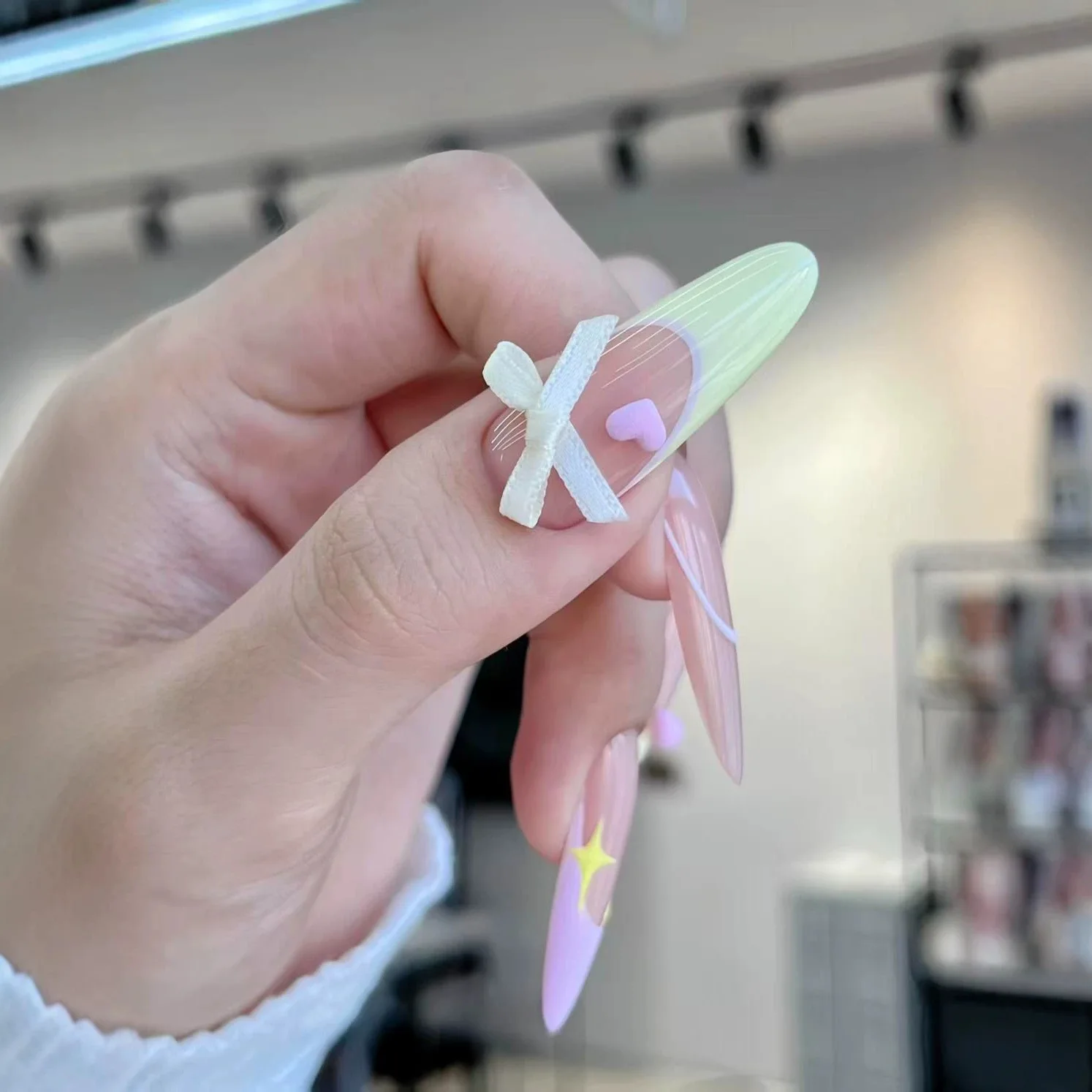 10pcsHandmade Long Stiletto Press On Nails Star Heart Butterfly Knot French Design Sweet Gentle Fake Nails Wearable Nail Art Tip