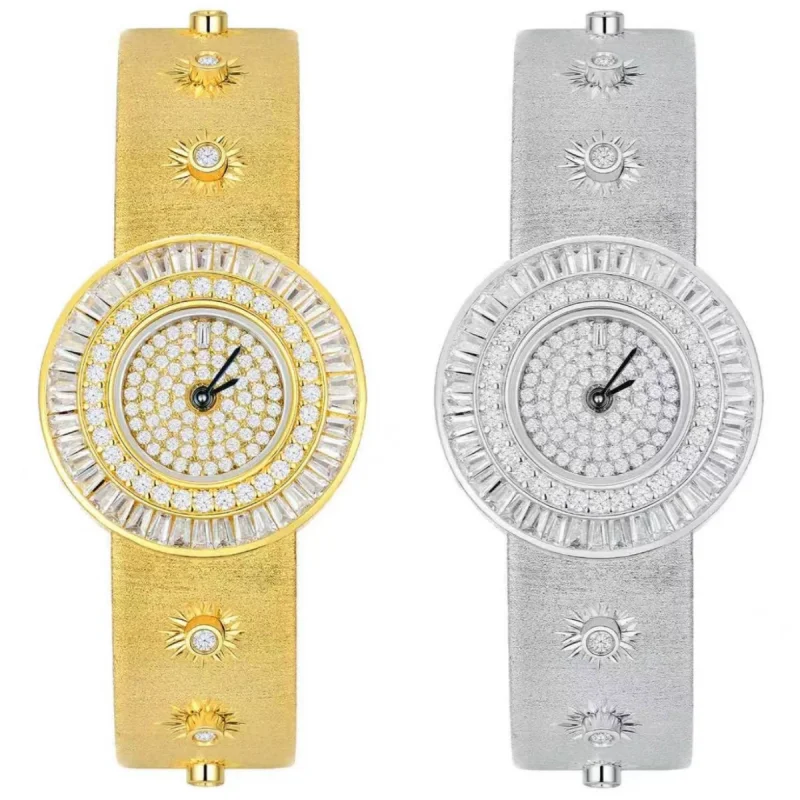 Bellux Vintage Sunburst Diamond Women Wrist Watch Brushed Gold Wide Strap Full Paved Crystal Ladies Dress Jewelry Watches