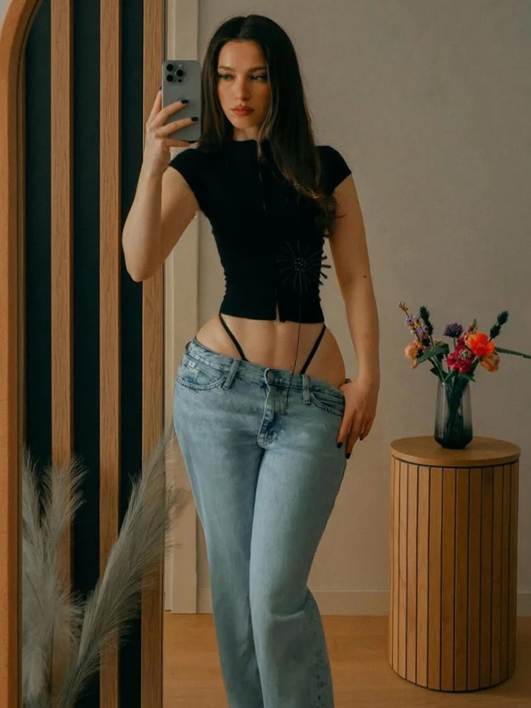 Tassel Applique Crop Tops Women Single-Breasted Half-High Neck Tassel Midnight Hottie Versatile Street Skinny T-Shirt