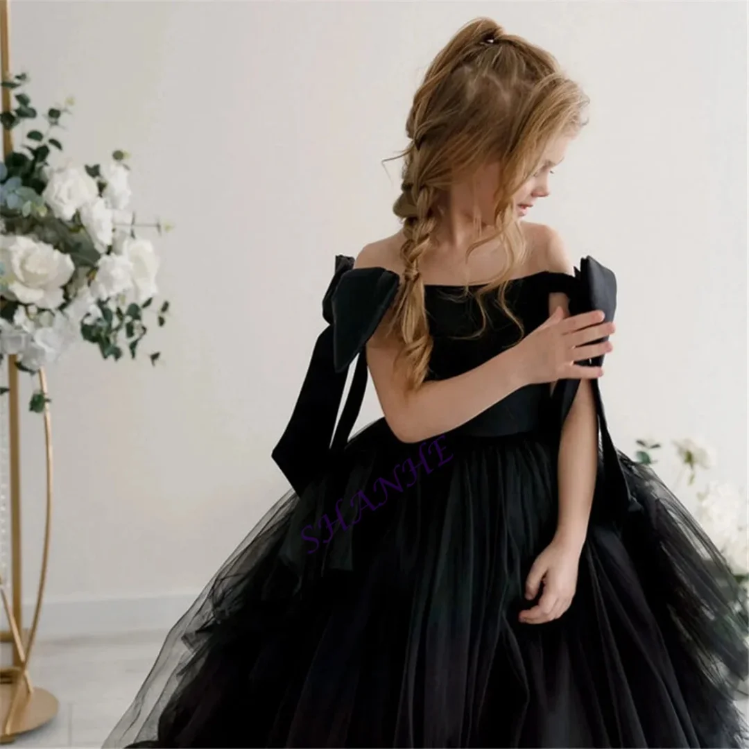 Robe classique à fleurs en Tulle pour filles, épaules dénudées, avec nœud plissé, ligne A, longueur au sol, longue robe de première Communion personnalisée