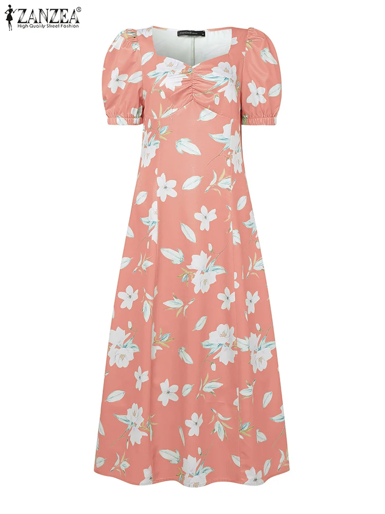 ZANZEA 2025 Bohemian Dress Women Elegant Printed Maxi Long Sundress Short Puff Sleeve Summer Vestidos Casual Loose V-Neck Robe