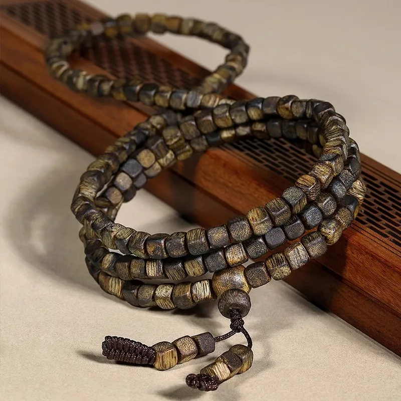 Chinese Style Natural Agarwood 6mm Square Beads Multi Layer Bracelet Lucky Blessing Wealth Attracting Prayer Mala Beads Yoga Med