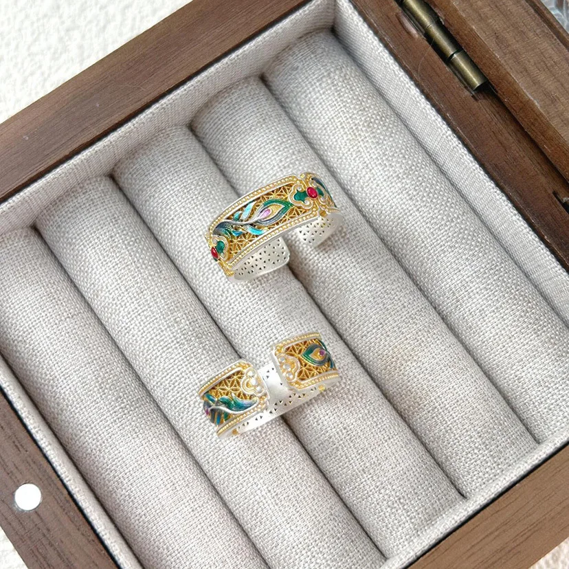 Silver New Retro Ancient Method Burning Blue Drawing Gold Ring Enamel Colorful Phoenix Feather Classical Open Mouth Food Ring
