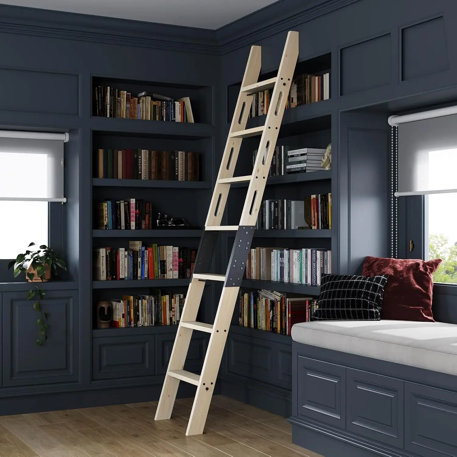 Rolling Library Ladder 8ft 450lbs Capacity 7 Steps Build-in Handrail Solid Wood Easy Assembly Loft Bookshelf Kitchen Attic Outdo
