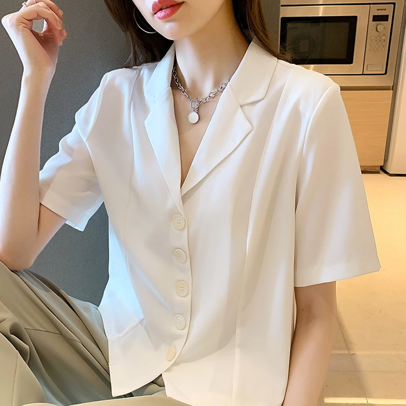 Fashion Blazer Suits Women's Clothing Short-sleeved White Shirt Jackets Summer Large Size Suit Collar Shirt Tops bd37