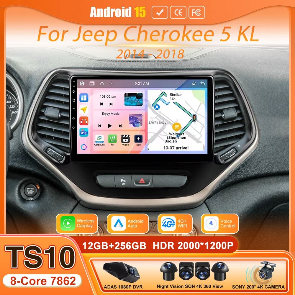 Android 15 Car Multimedia Radio Player Audio Touch Screen For Jeep Cherokee 5 KL 2014 - 2018 GPS Video Carplay Stereo 2din BT 4G