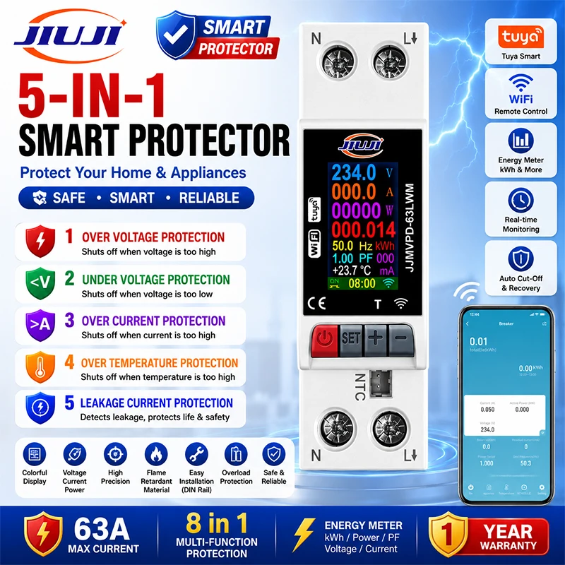 Smart WiFi DIN Rail Switch 1P Tuya APP Remote Control Circuit Breaker Energy Monitoring Timer Voltage Protection 63A 220V 230V