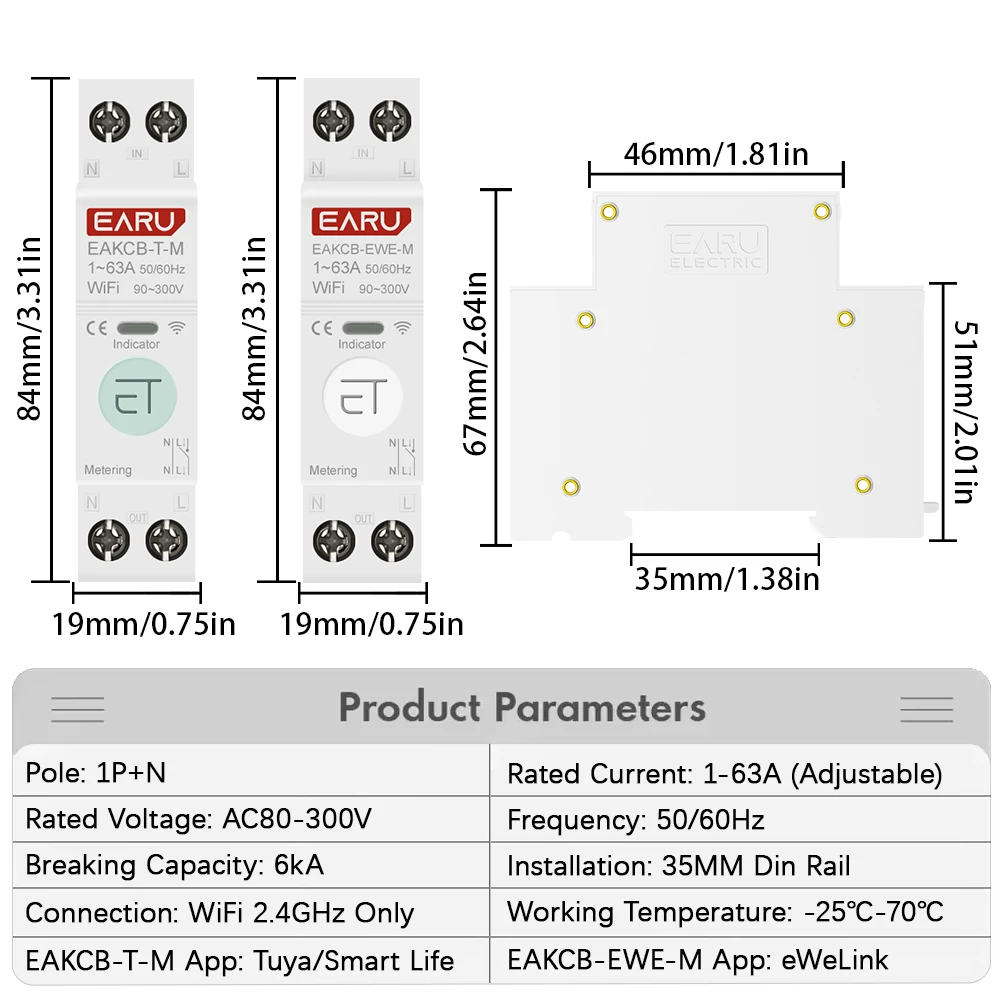 Tuya eWeLink WiFi Smart Circuit Breaker MCB 1P+N 63A Time Relay Switch Energy Meter kWh Voltage Current Protector Remote Control image 3
