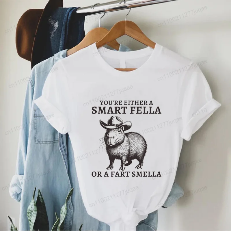 Short Sleeve Tees Shirt Women Retro Smart Fella Capybara 90s Graphic Y2k Tops Harajuku Streetwear Vintage 90s Aesthetic Clothing