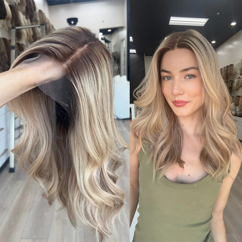 

Парик Balayage Темные Корни 13x4 Синтетические Парики Фронта Шнурка Предварительно Сорванные Основные Молоко Чай Блондинка Бесклеевые Длинные Волнистые Парики для Женщин