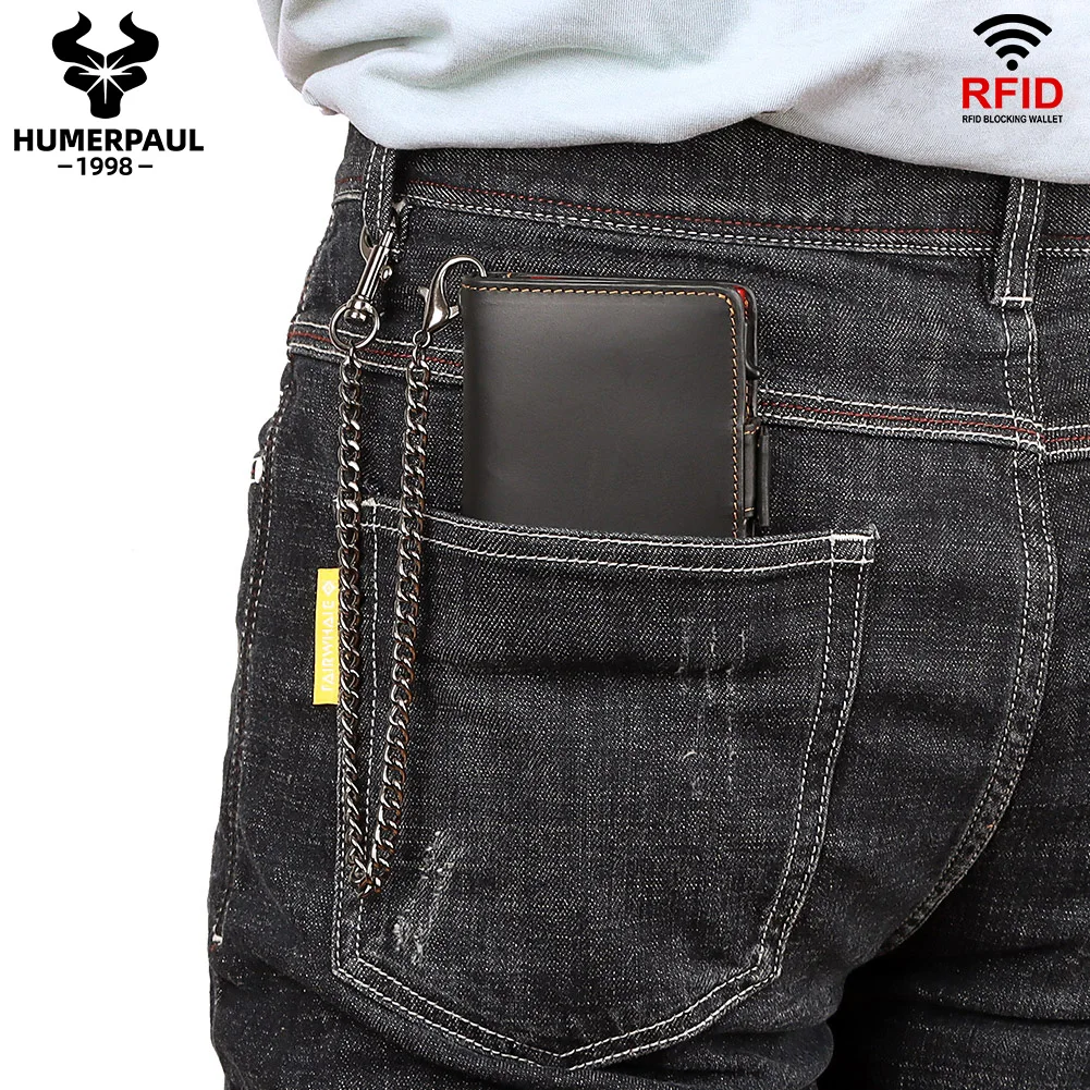 Metal Smart Wallet Men Crazy Horse Leather Protect RFID Pop-up Automatic Card Holder Slim Credential Card Case with Iron Chain