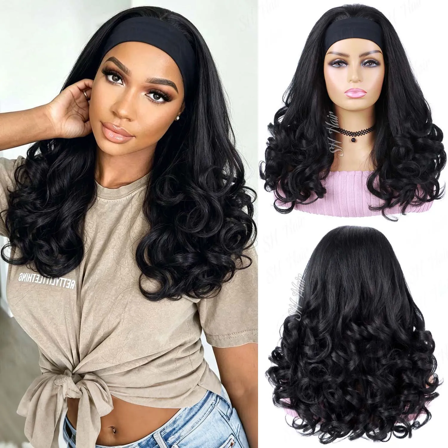 Synthetic Long Black Yaki Curly Headband Wig 16inch|20inch Kinky Curly Headband Wig for Black Women Half Wig with Curlys Ends