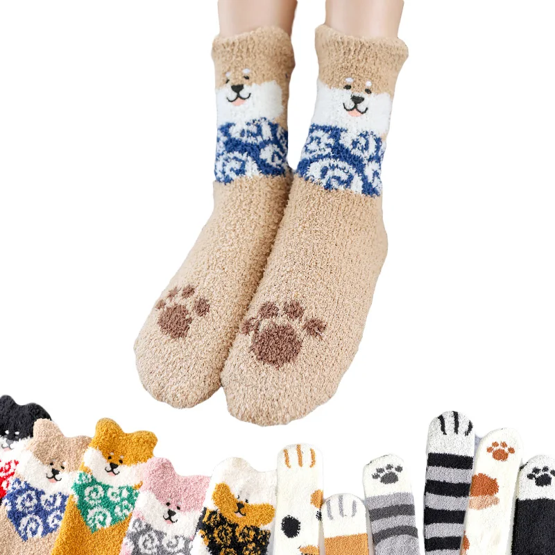 Meias Curtas Quentes de Veludo Coral Brdwn com Estampa de Patas de Gato e Cachorro Fofas, para Poodle, Samoyed, Husky, Corgi, Felis Silvestris e Catus