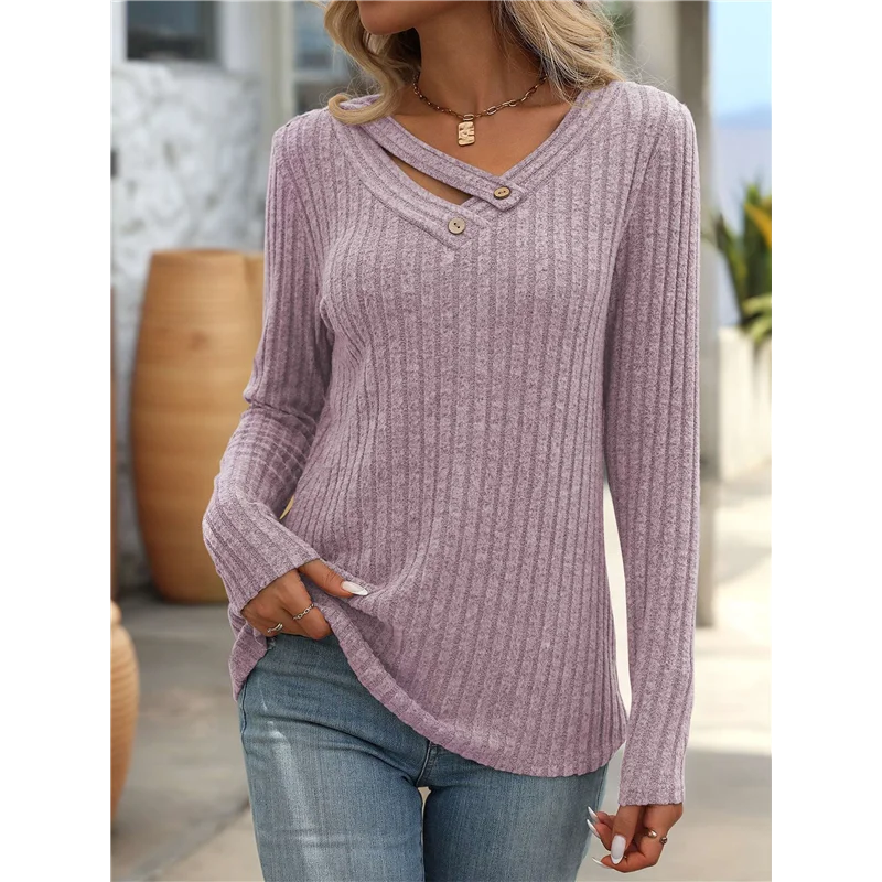 ASDS-Kemeja Lengan Panjang Untuk Wanita Sweater Musim Gugur Leher V Atasan Dasar Kasual Bergaya Pullover Trendi