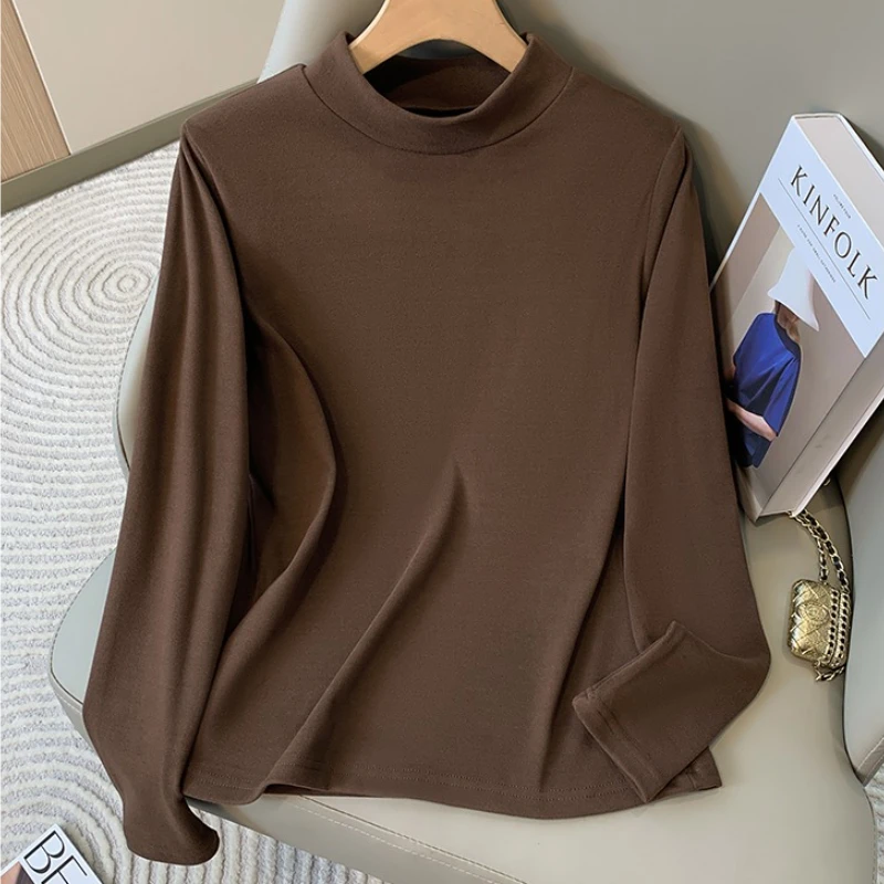 

Autumn Winter Korean Style Simple Base Layer Tops Plus Size Women's Slim Turtleneck Velvet Base T-Shirt Casual Oversized Tees