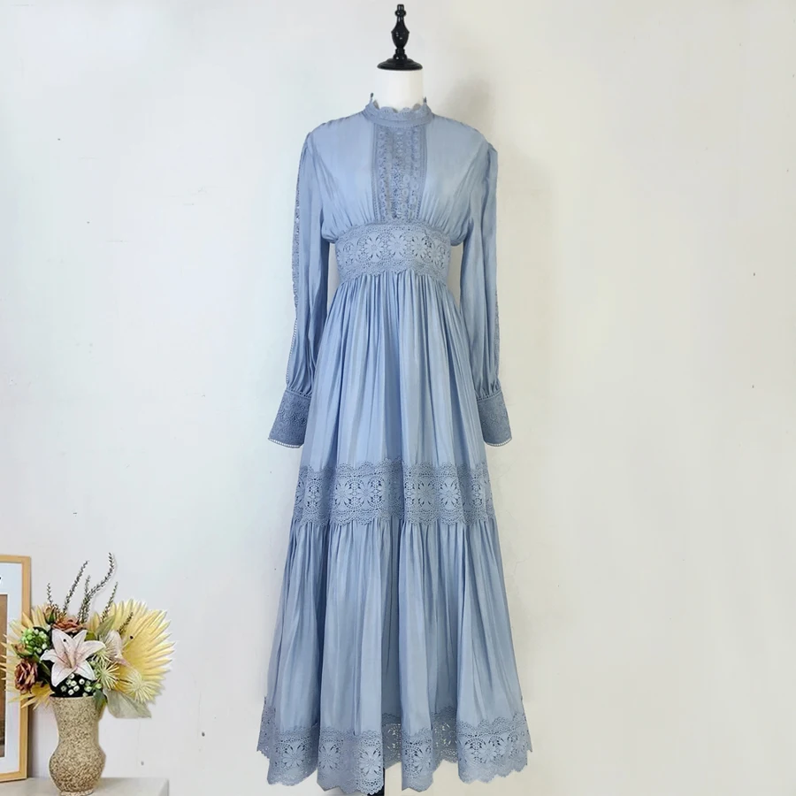 

2025 Spring Summer Embroidery Lace Spliced Long Dresses Women's Turtleneck Lantern Sleeve Hollow Out Prom Party Robe Vestidos