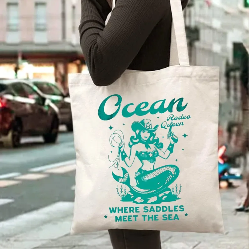 Ocean Rodeo Queen Mermaid Cowgirl Vintage Graphic Print Canvas Tote Bag Western Coastal Style Shoulder Handbag