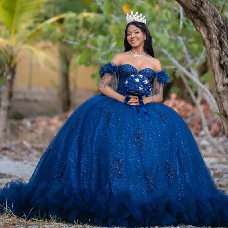 

Customized Shiny dark blue Quinceanera Dresses Off the Shoulder Sequin decal Lace layering Long tail Vestido De 15 Quinceanera