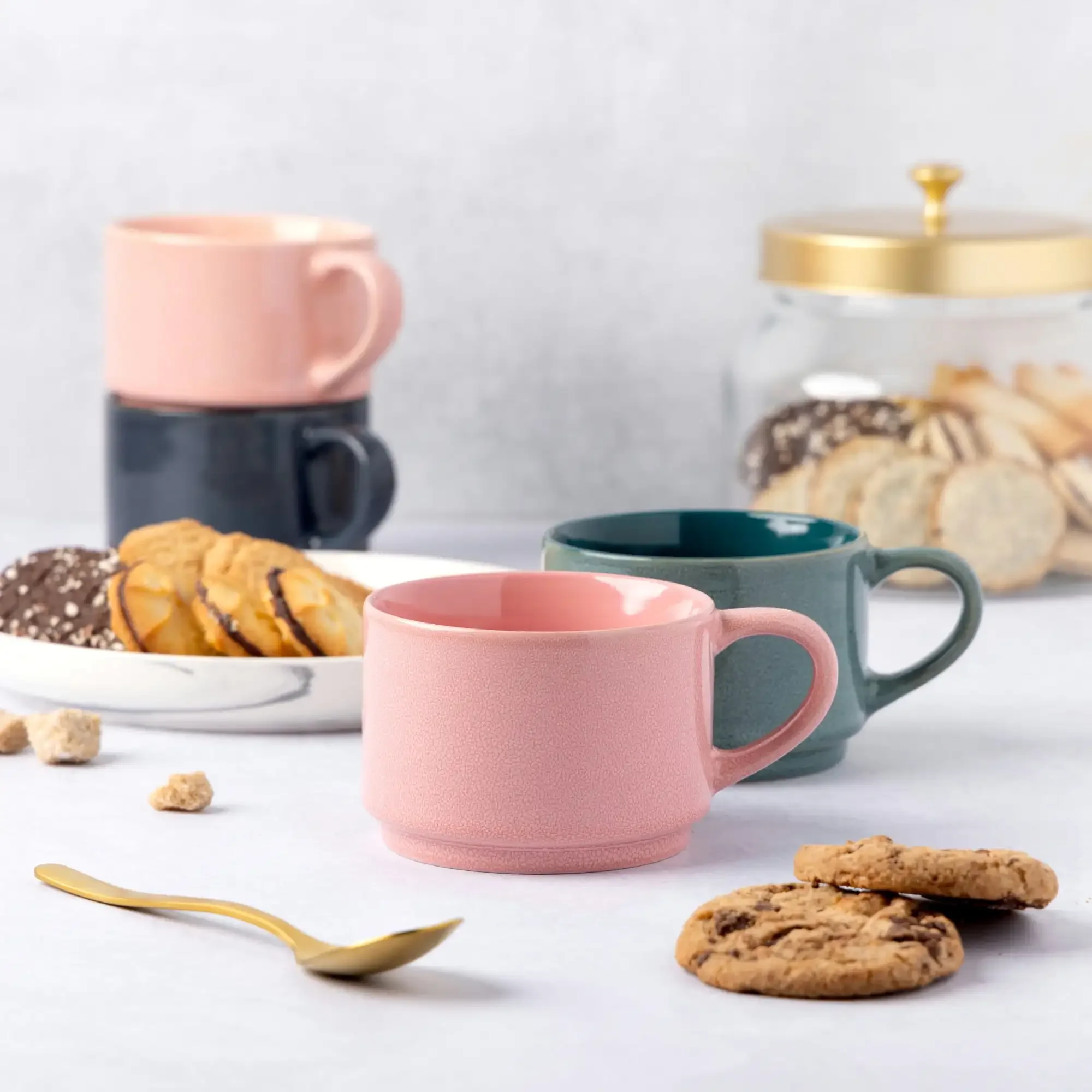 4 عبوات من أكواب التراص، مزيج من الألوان التفاعلي 11.1 أونصة سائلة، الخزف الحجري