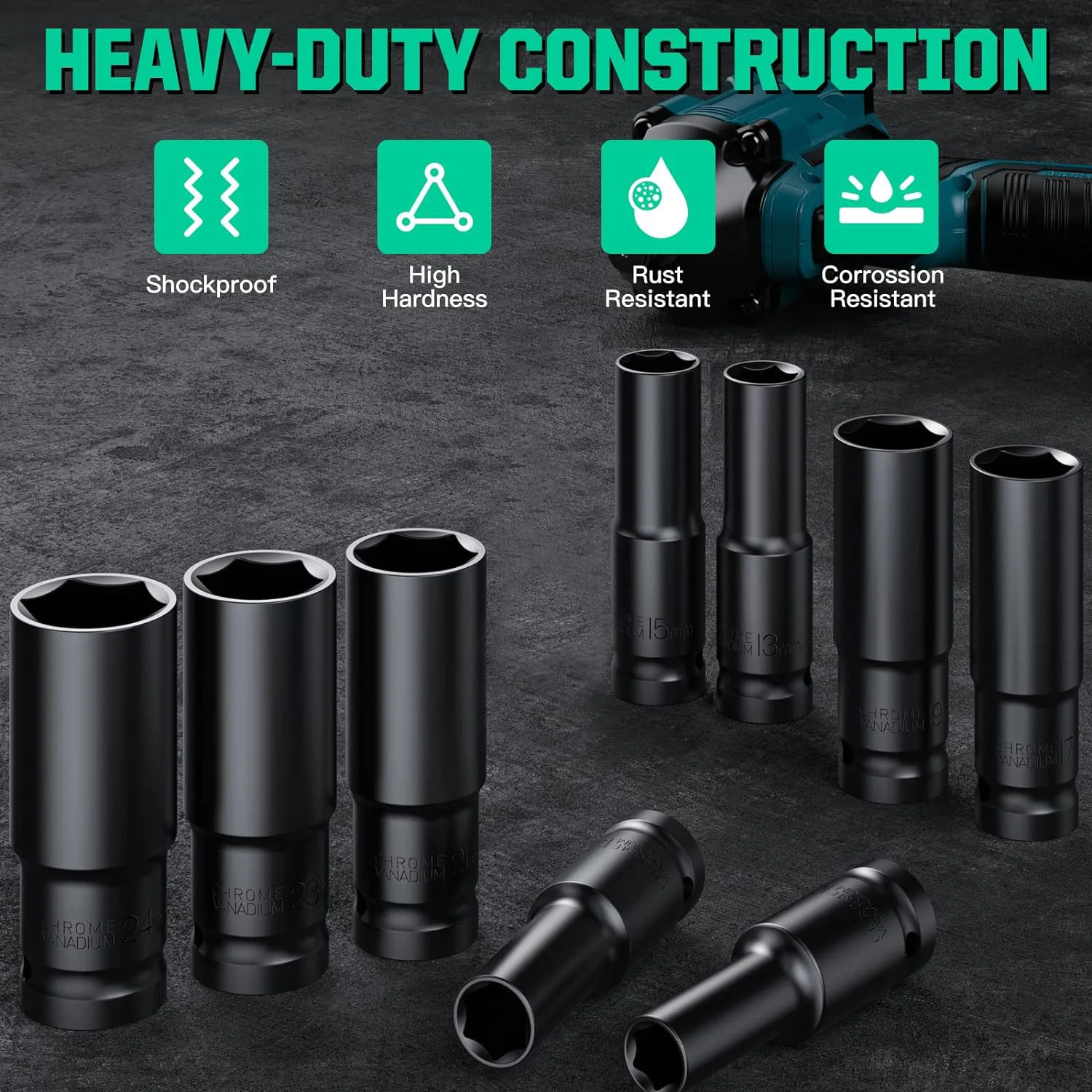 

1 комплект ударных головок, метрический размер привода 1/2 дюйма (10-23 мм), гаечный ключ, набор стальных ударных головок CR-V для набора головок 1/2 F