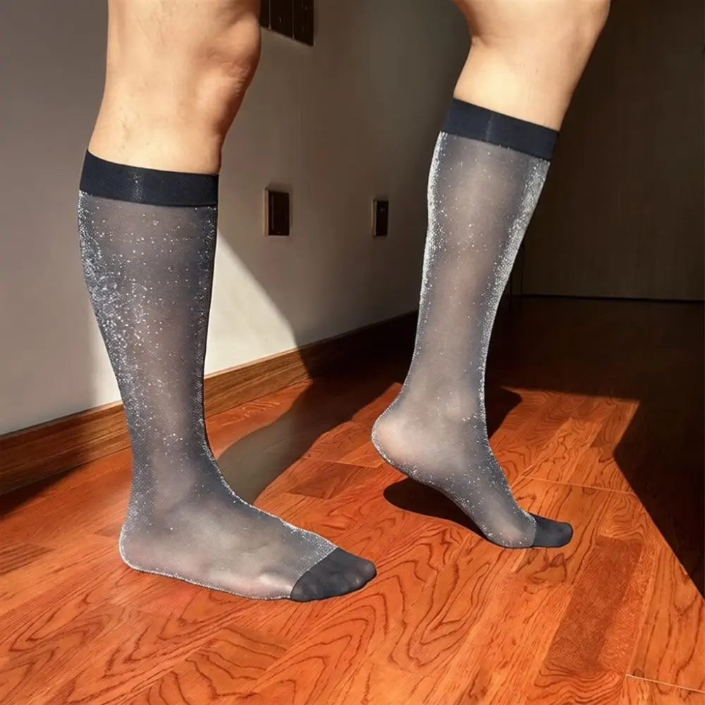 Business Formal Men Socks Shiny Nylon Starry Sky Design Mid Calf Hosiery Breathable Thin Comfort Gentleman Wear