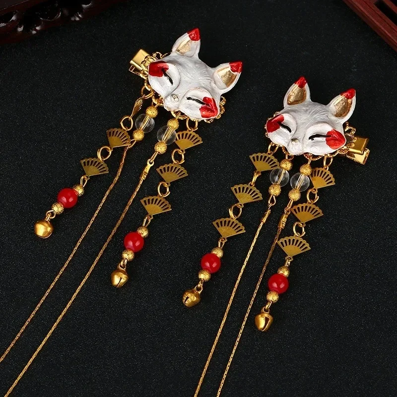 2024 Ancient Style Hair Accessories Han Elements Headwear Hanfu Accessories Cute Girl Fox Animal Tassels Ancient Hair Clip Pairs