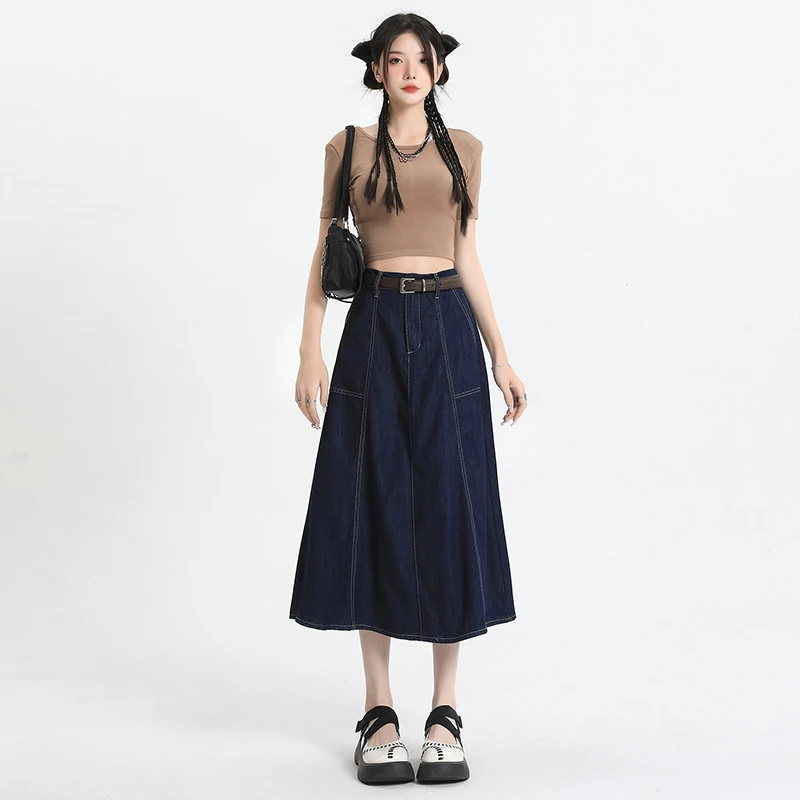 

Blue Denim Skirt for Women 2024 Summer High Waist Elastic Waist Mid-length Vintage Women's Korean Style Skirts Harajuku Womens