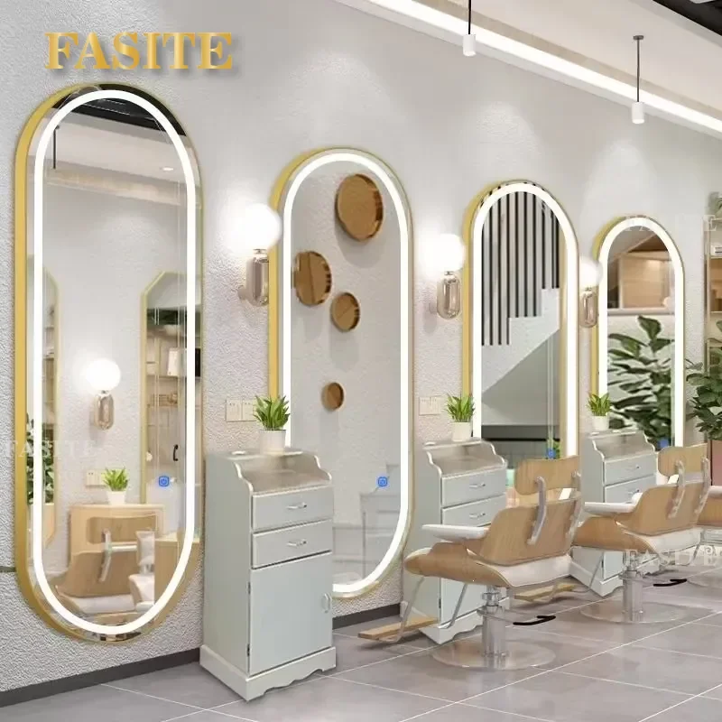 For Hair Barber Shop Mirror Table with Light Simple Single-Sided Dressing Mirror Cutting Mirror Floor Standing LED