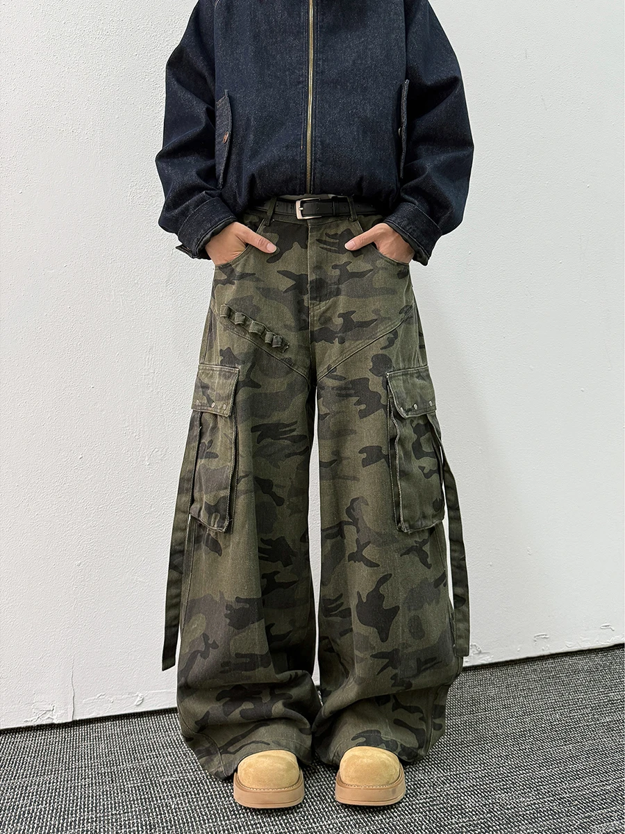 

Camouflage Multi-ket Men's Jeans Fall Trendy Wide Leg Knife Floor-Length American Sle Straight Workwear Long Pants