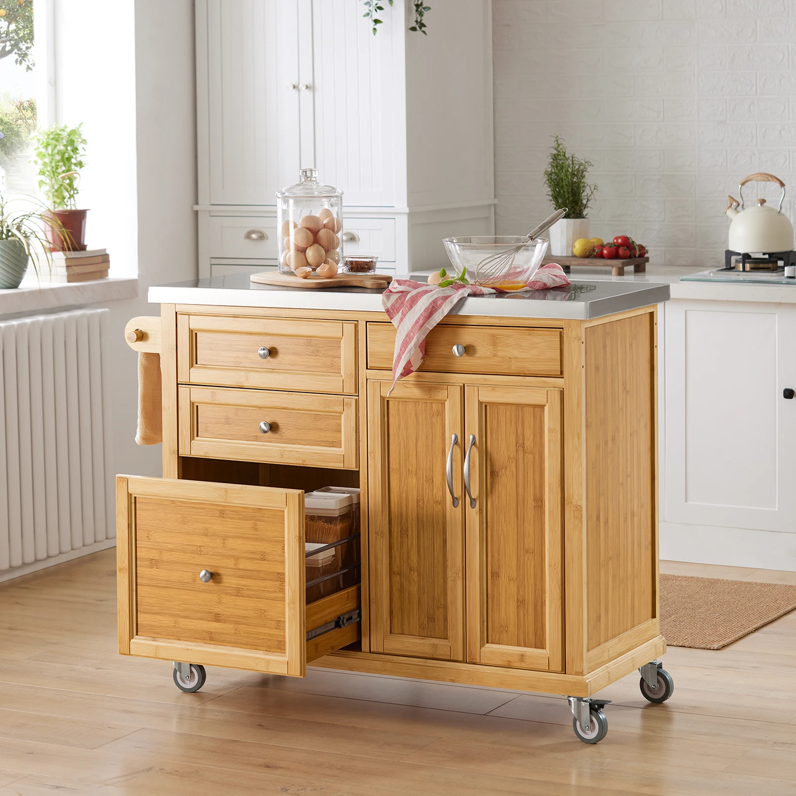 SoBuy FKW70-N Kücheninsel auf Rollen mit Edelstahl-Arbeitsplatte und Schubladen, Barwagen Natur 115x92x46cm – Detail 3