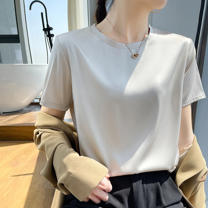 

Summer Women's New Ice Silk Short Sleeve Top Fashion Round Neck Pullover Versatile Strap Fashion Breathable Solid Color T-shirt