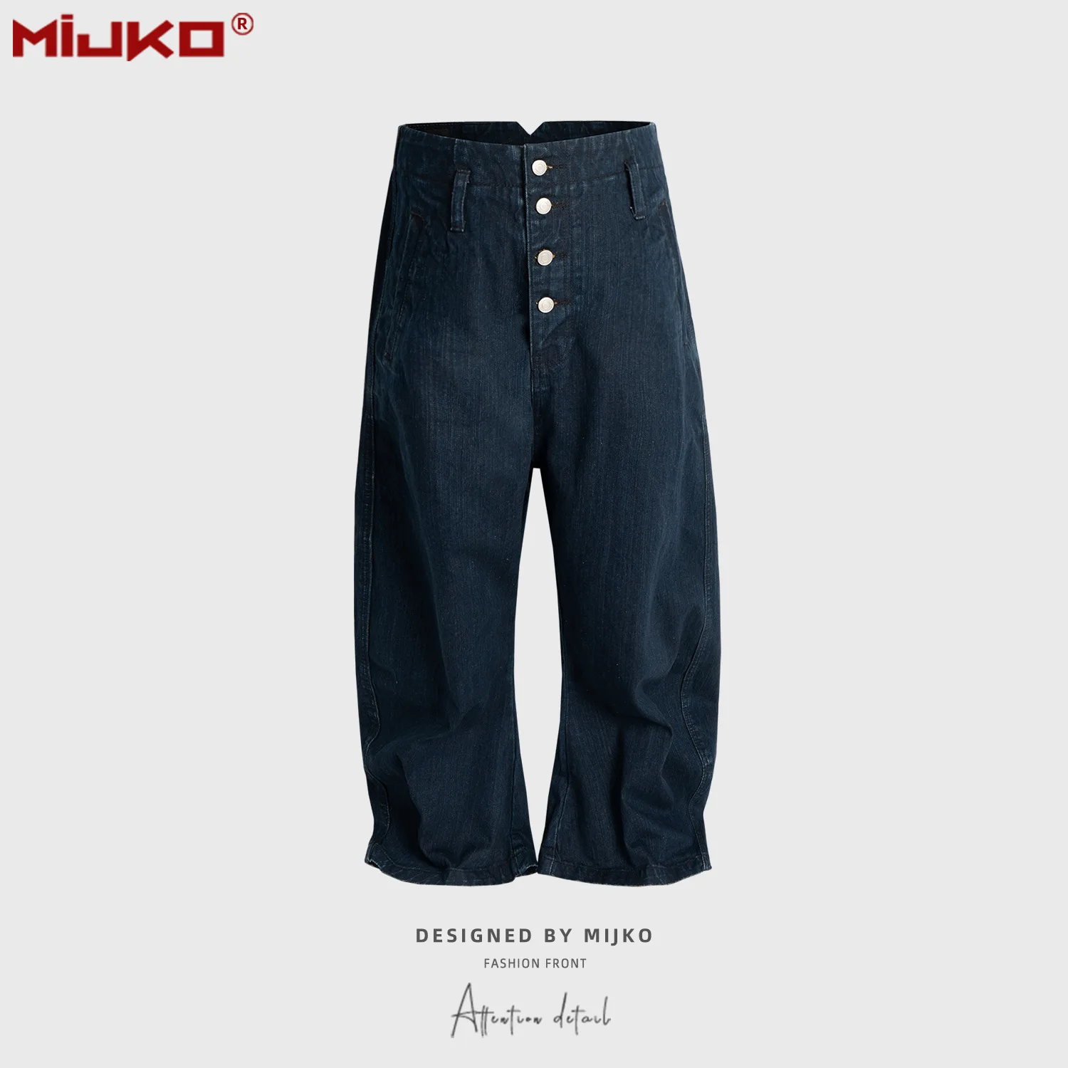 Unisex Design Button Jeans Folded Deconstructed Blue Denim Pants Men's And Women's G6678#