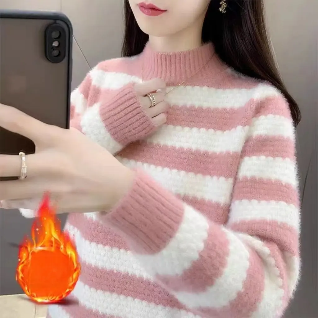 

Women's Striped Fleece-Lined Chenille Sweater Thickened Autumn Winter Fashion Stylish Inner Base Shirt