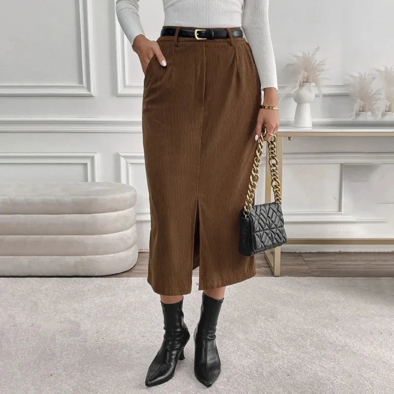 Women's New Fashion Solid Color Corduroy High Waist Leg Lengthening Minimalist Elegant Comfort Casual Elegant Commute Midi Skirt