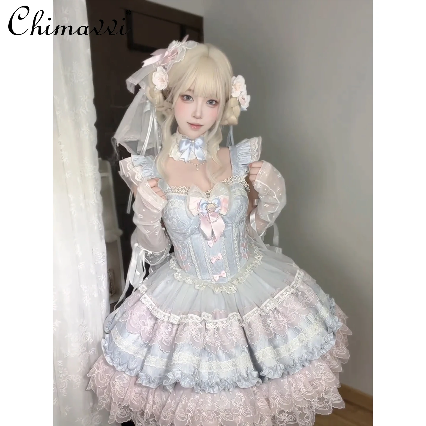

Fairy Sweet Lace Cute Bow Blue Pink Puffy Dress Girls and Women Ballet Style Birthday Party Elegant Lolita Dresses 2025 New