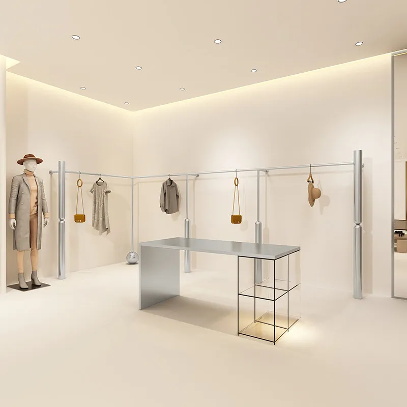 Clothing store display rack, gold women's clothing on the wall shelf, acrylic Nakajima running water table, shoe bag, table in