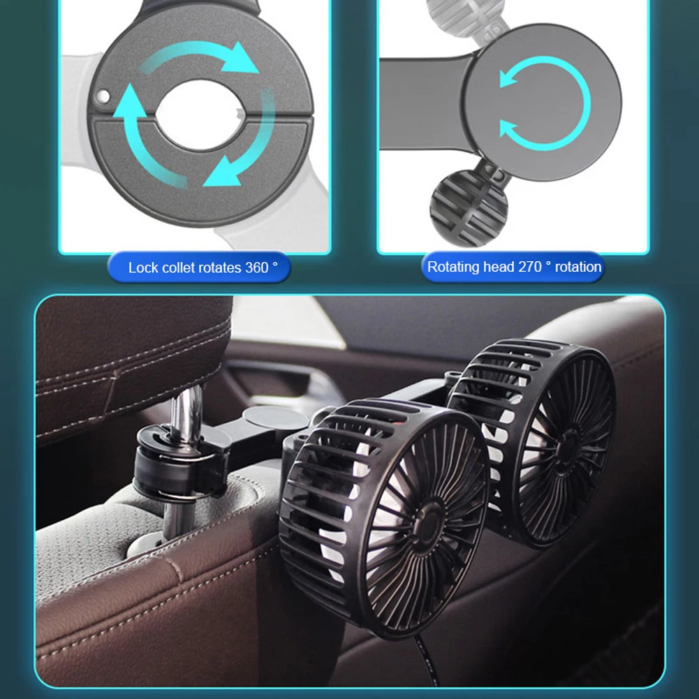 12V/24V Auto Headrest Ventilation Fan USB Charging Car Neck Cooler 360 Degree Rotation Electric Seat Back Cooler for Auto Sedan