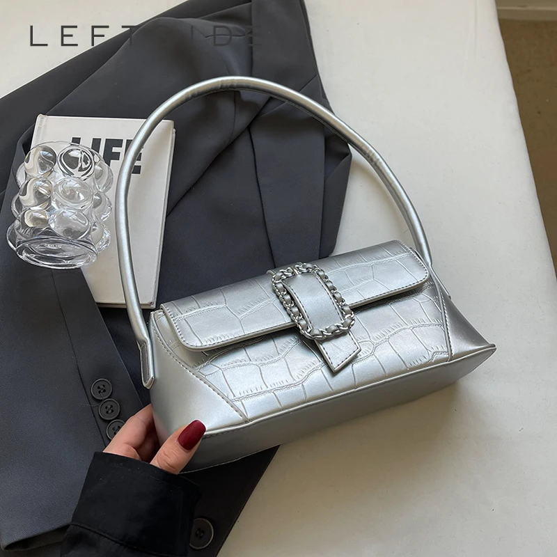 LEFTSIDE Belt Buckle PU Leather Small Stone Pattern Silver Handbag Shoulder Bag for Women Lady 2024 New Fashion Underarm Bag