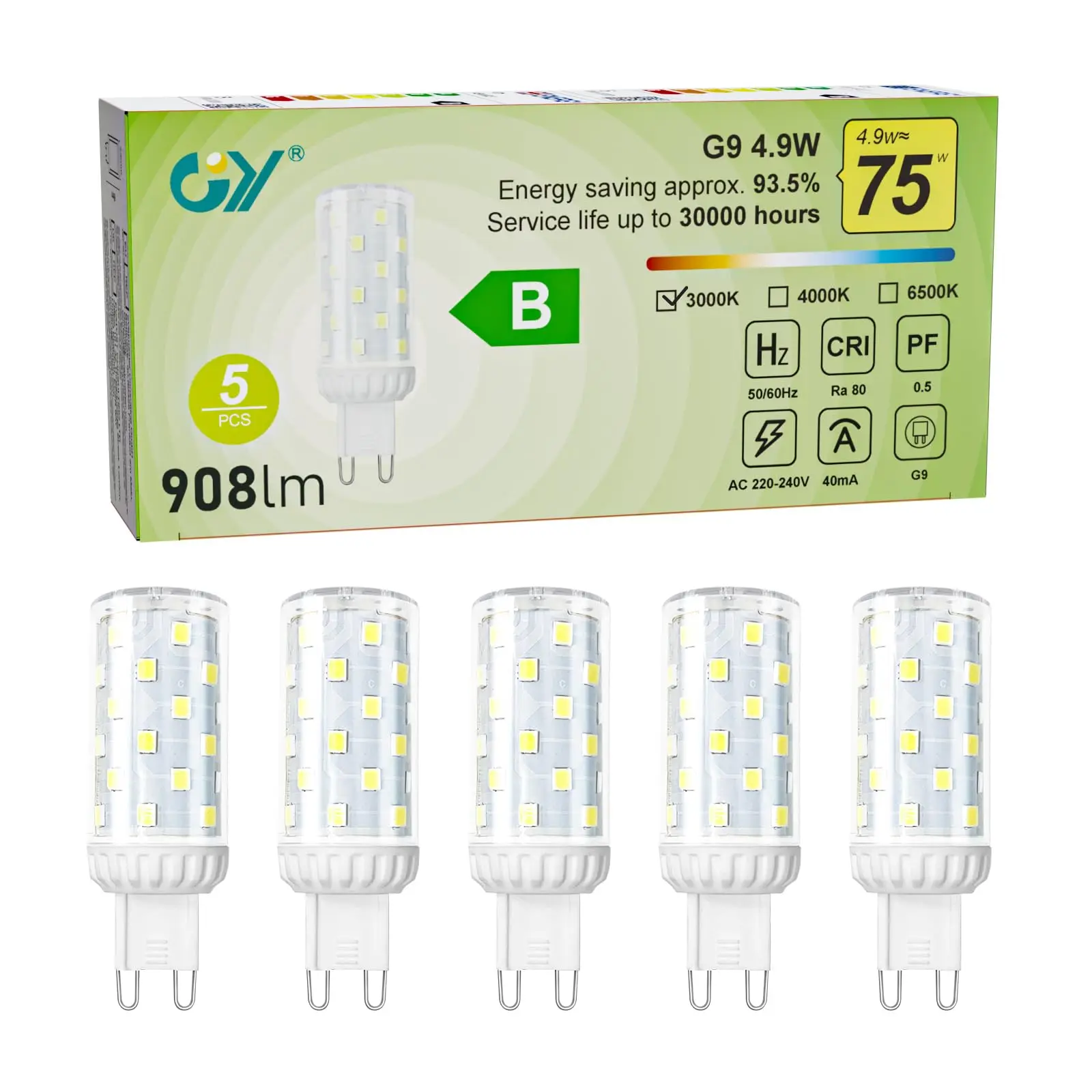 

GY G9 LED Bulb 4.9W 908lm Flicker-Free Non-Dimmable Energy Saving Light Replacement for 75W Halogen Energy Efficiency Class B