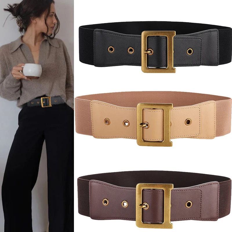 Womens Elastic Vintage Wide Corset Belt with Leather Accent, Metal Buckle, and Stretchy Waistband for Dress and Formal Attire