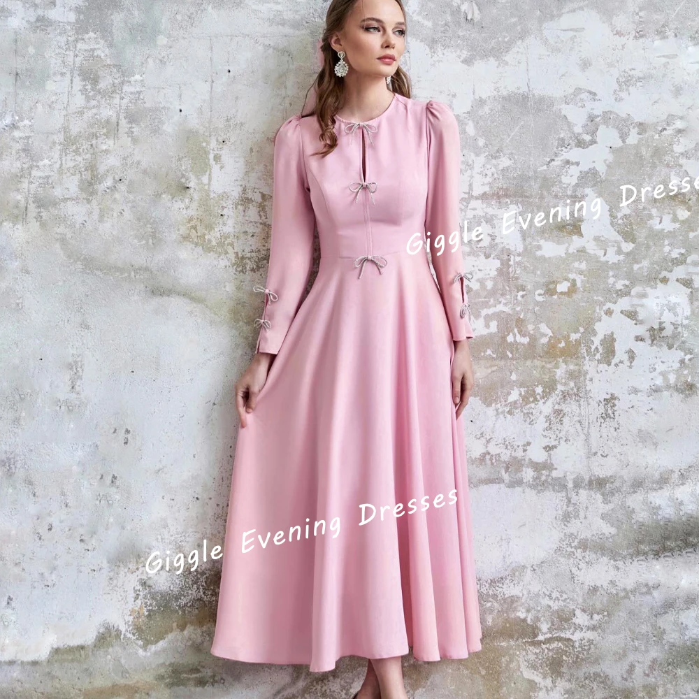 Giggle Crepe O-Neck Bow Button Elegance Prom Gown Saudi Arab A-Line Summer Ankle-Length Evening Party Dresses for Women 2024