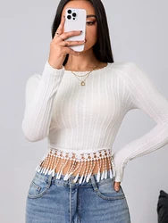 Women's Long Sleeve Tassel Casual Slim T-shirts,Women Clothing,Women Top,crop Top,Tops For Women,Woman Clothes