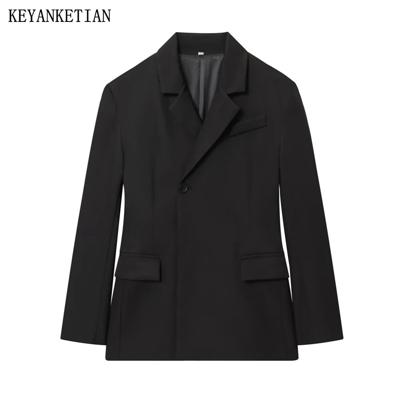 

KEYANKETIAN осенний новый женский офисный костюм с откидным карманом и украшением на одной пуговице, черный костюм, женская куртка