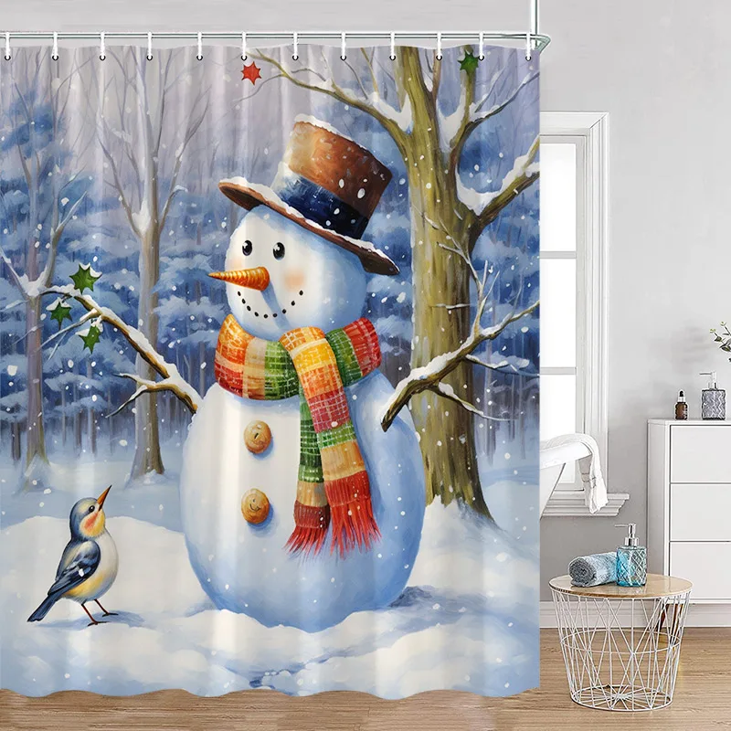 Cute Pink Snowman Shower Curtain Winter Forest Xmas Tree Gift Christmas Home Bathroom Decor Polyester Bath Curtains with Hooks