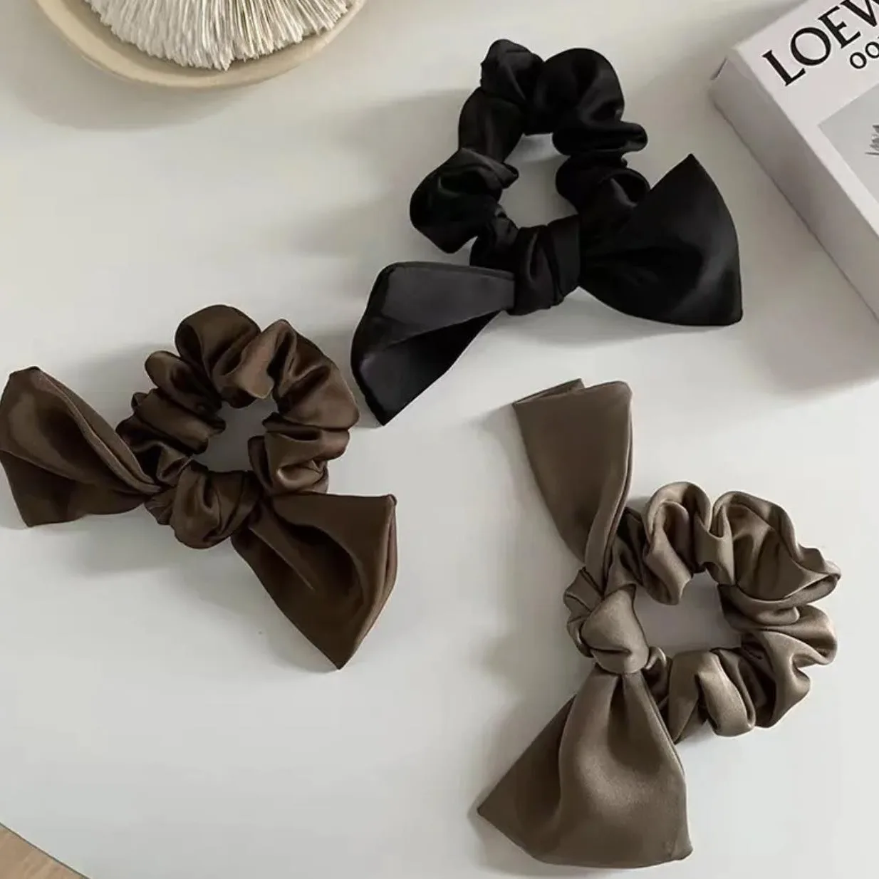 Black Bowknot Satin Hair Bands for Women Girl Ponytail Loop Hair Rope High Elastic Large Intestine Circle Lady Hair Accessories